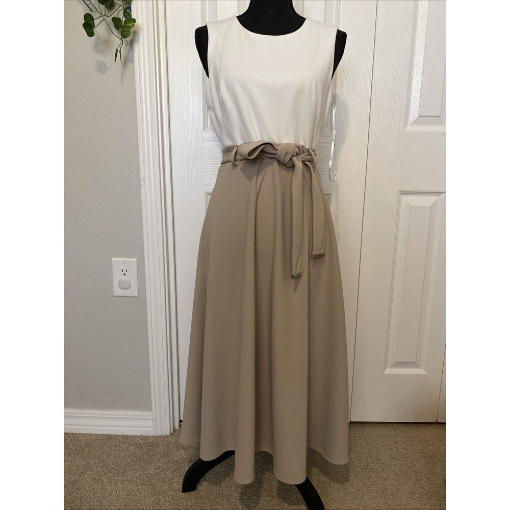Calvin Klein Beige & White ClassyColorblock Fit & Flare Midi Dress Belted Size 6